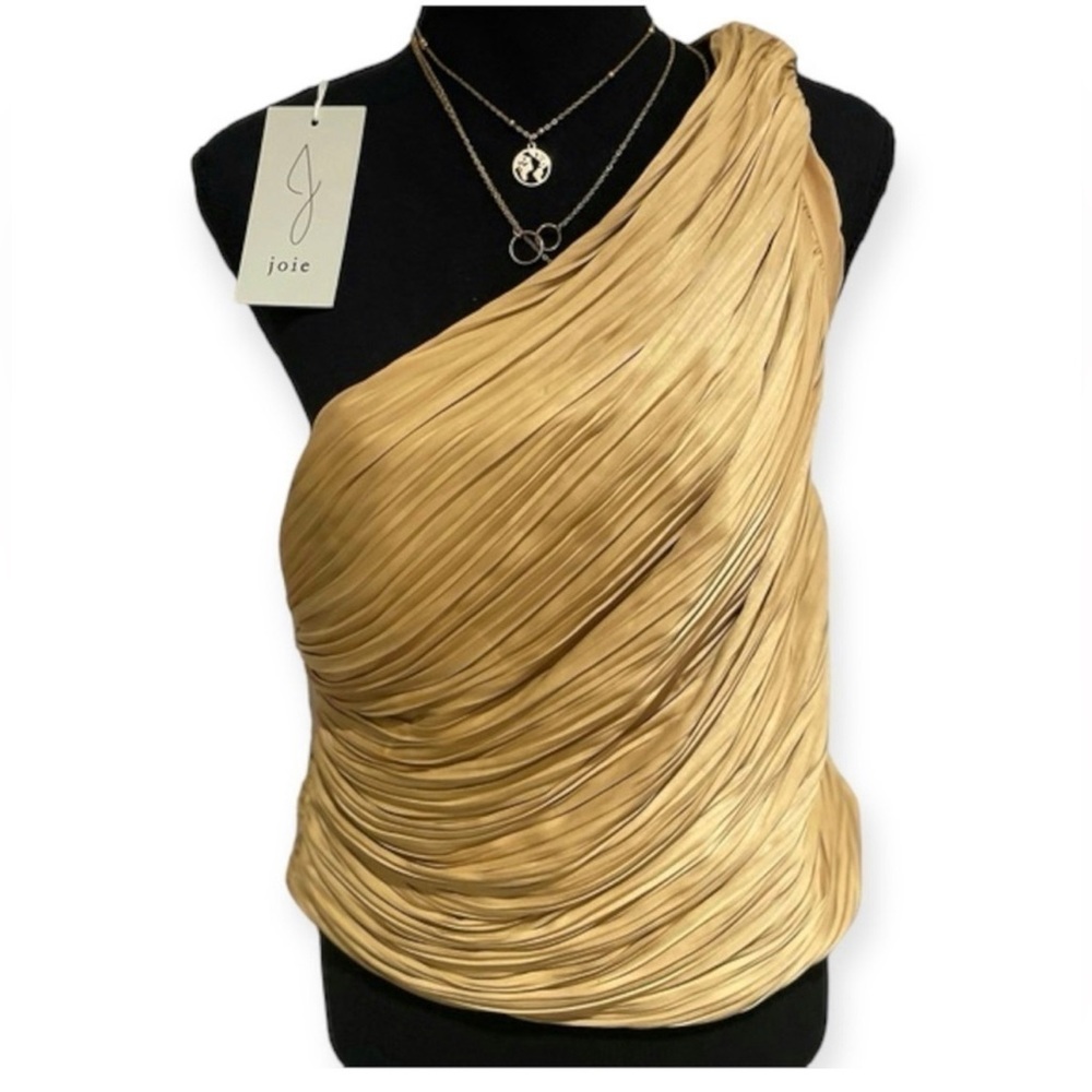 NWT JOIE One Shoulder Ruched Asymmetrical Pleated Top Gold beautiful chic look